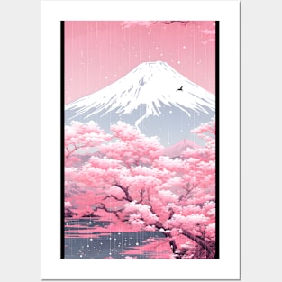 Cherry Pink Mount Fuji Japanese Black Border Aesthetic Posters and Art